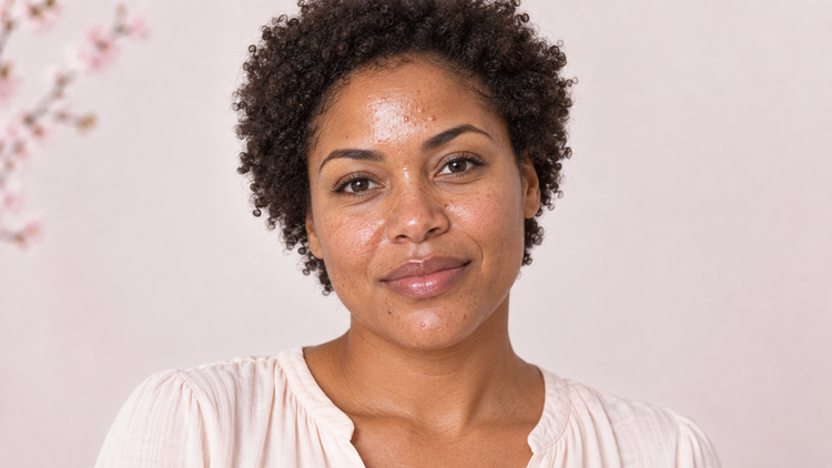 KI-generiertes Bild: Frau mit dunklen Locken in heller Bluse