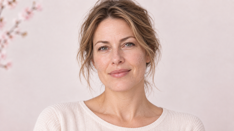 KI-generiertes Bild: Frau mit hellbraunem, hochgestecktem Haar in cremefarbenem Strickpullover