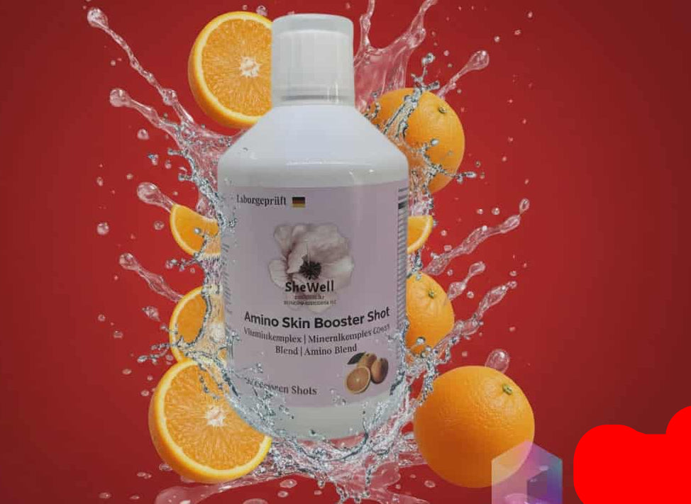 Detailaufnahme des SheWell Amino Skin Booster Shot Orange mit klarer Flüssigkeit