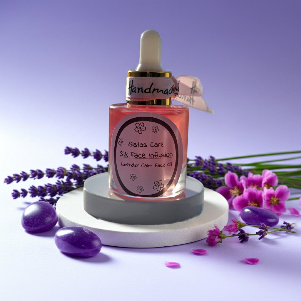 Sistas Care Lavender Calm Face Oil im Glasflakon mit Pipette, beruhigendes Gesichtsöl für empfindliche und sensible Haut, unterstützt die Hautbalance und wirkt entspannend, ideale Gesichtspflege für die Abendroutine, hochwertige Hautpflege mit Amethyst für ruhige Haut. Logo Sistas Care powered by Skincare Solutions
