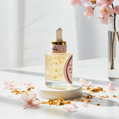 Gesichtsöl für strahlende und genährte Haut, Golden Glow Face Oil mit Anti Aging Wirkung, schnell einziehendes Hautöl für mehr Elastizität und Glow, luxuriöse Gesichtspflege mit Goldpartikeln von Sistas Care. Logo Sistas Care powered by Skincare Solutions