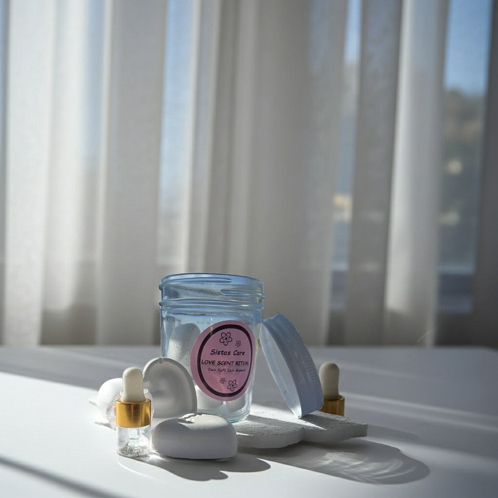 Sistas Care Duft-Set Glas mit 5 Duft-Herzen und Parfümöl Pipette belebender Duftmoment