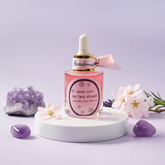 Sistas Care Lavender Calm Face Oil im Glasflakon mit Pipette, beruhigendes Gesichtsöl für empfindliche und sensible Haut, unterstützt die Hautbalance und wirkt entspannend, ideale Gesichtspflege für die Abendroutine, hochwertige Hautpflege mit Amethyst für ruhige Haut. Logo Sistas Care powered by Skincare Solutions