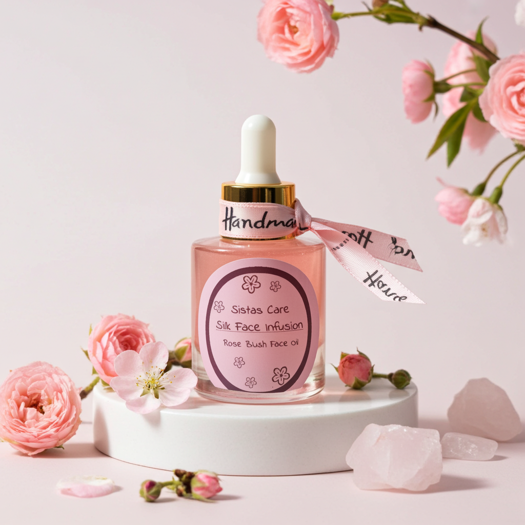 Sistas Care Rose Blush Face Oil im Glasflakon mit Pipette, luxuriöses Gesichtsöl für frischen Glow und geschmeidige Haut, hochwertige Hautpflege für trockene und reife Haut, veredelt mit Rosenquarz, elegantes Beauty Produkt mit rosiger Ausstrahlung. Logo Sistas Care powered by Skincare Solutions