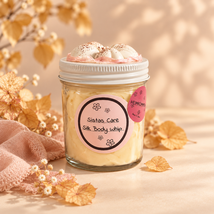 Sistas Care Silk Body Whip Heimkommen – handgemachte vegane Körperpflege für trockene Haut mit Apfel, Mandel und sanftem Zimt