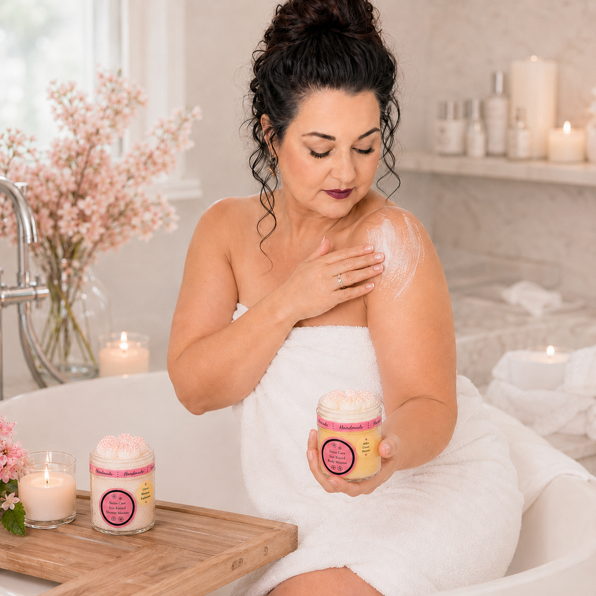 Skin Expert S.A.B. hält die Sistas Care Silk Body Whip Sinnesglück in der Hand
