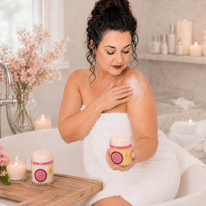 Skin Expert S.A.B. hält die Sistas Care Silk Body Whip Sinnesglück in der Hand