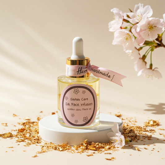 Sistas Care Golden Glow Face Oil im Glasflakon mit Pipette, luxuriöses Gesichtsöl mit Goldpartikeln für strahlende Haut, Anti Aging Pflege für reife Haut, hochwertiges Beauty Produkt mit Glow Effekt. Logo Sistas Care powered by Skincare Solutions